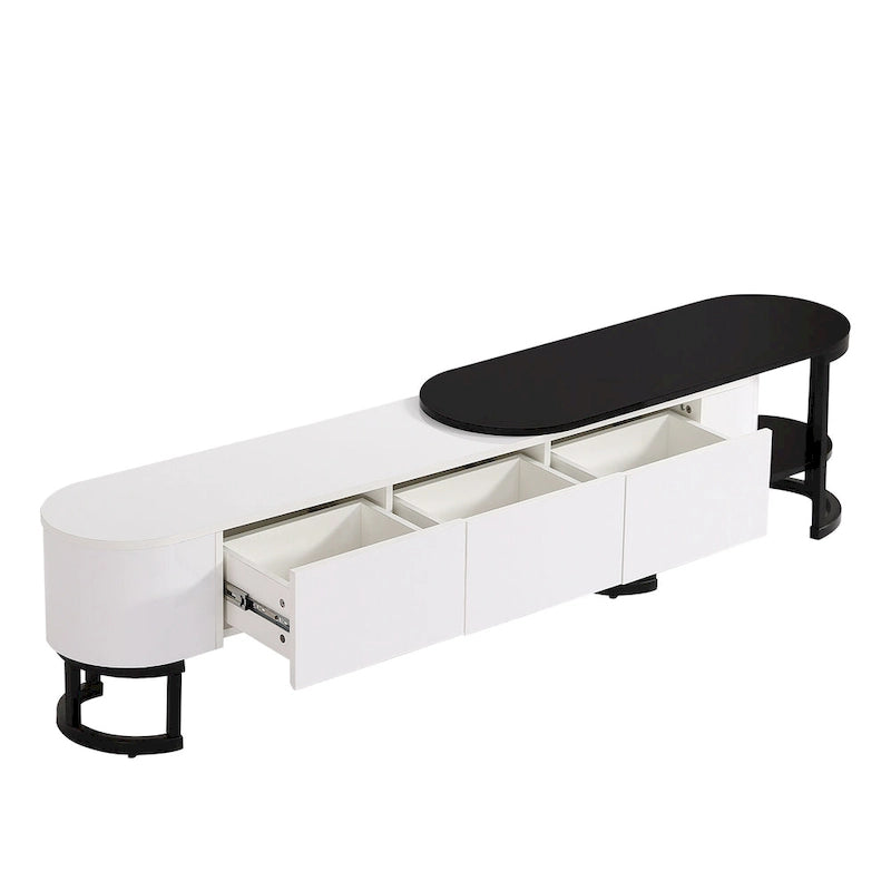 Meuble TV rétractable moderne noir et blanc avec 3 tiroirs et pieds réglables en métal pour salon ou chambre