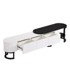 Meuble TV rétractable moderne noir et blanc avec 3 tiroirs et pieds réglables en métal pour salon ou chambre