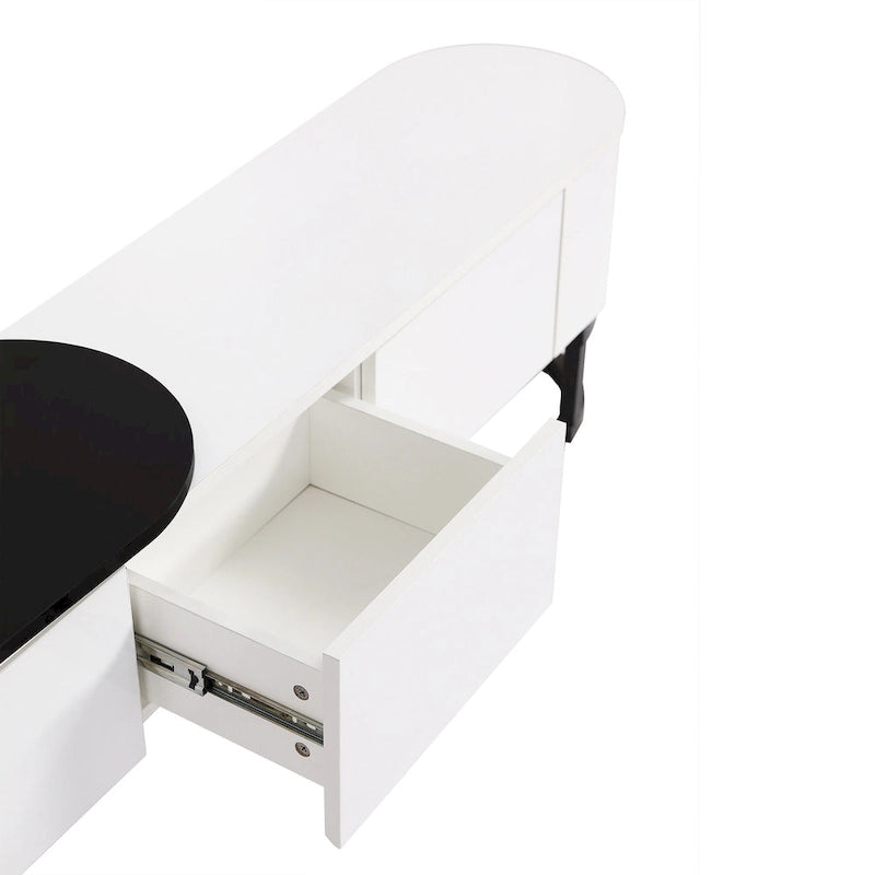 Meuble TV rétractable moderne noir et blanc avec 3 tiroirs et pieds réglables en métal pour salon ou chambre