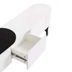 Meuble TV rétractable moderne noir et blanc avec 3 tiroirs et pieds réglables en métal pour salon ou chambre