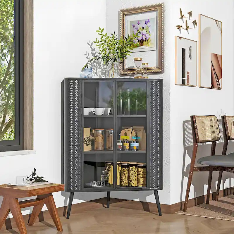 Modern 3-Tier Corner Storage Cabinet with Tempered Glass Doors, Shelves & Metal Frame - Freestanding Space-Saving Organizer