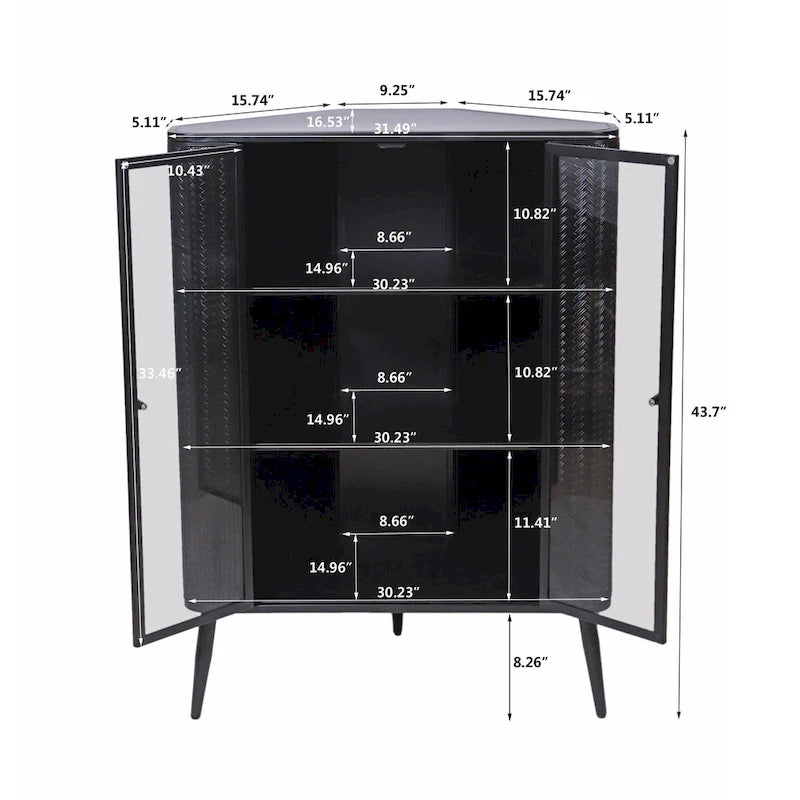 Meuble de rangement d'angle moderne à 3 niveaux avec portes en verre trempé, étagères et structure métallique - Meuble de rangement autoportant et peu encombrant