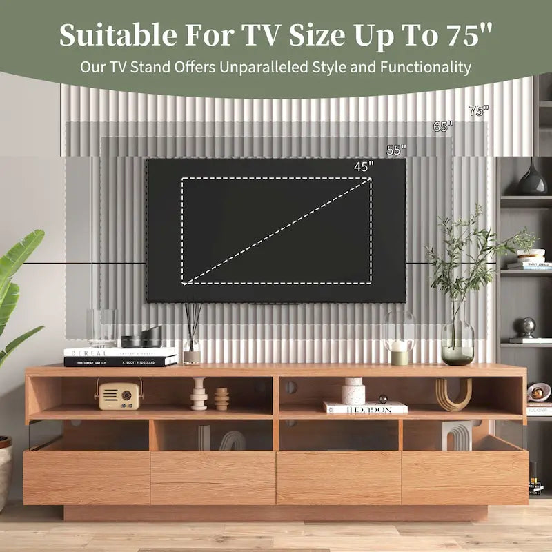 Meuble TV autoportant avec 4 tiroirs et rangement transparent en acrylique pour téléviseurs jusqu'à 75 pouces