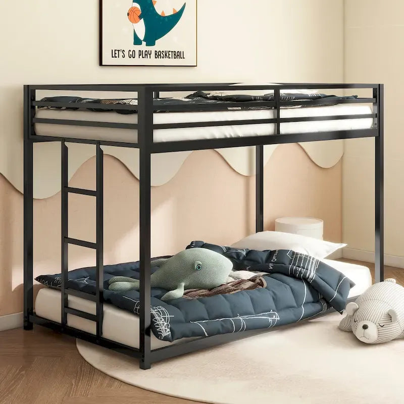 Sturdy Twin over Twin Bunk Bed Metal Black for and Adult, Low Profile Twin over twin bunk bed with Ladder and Guardrails