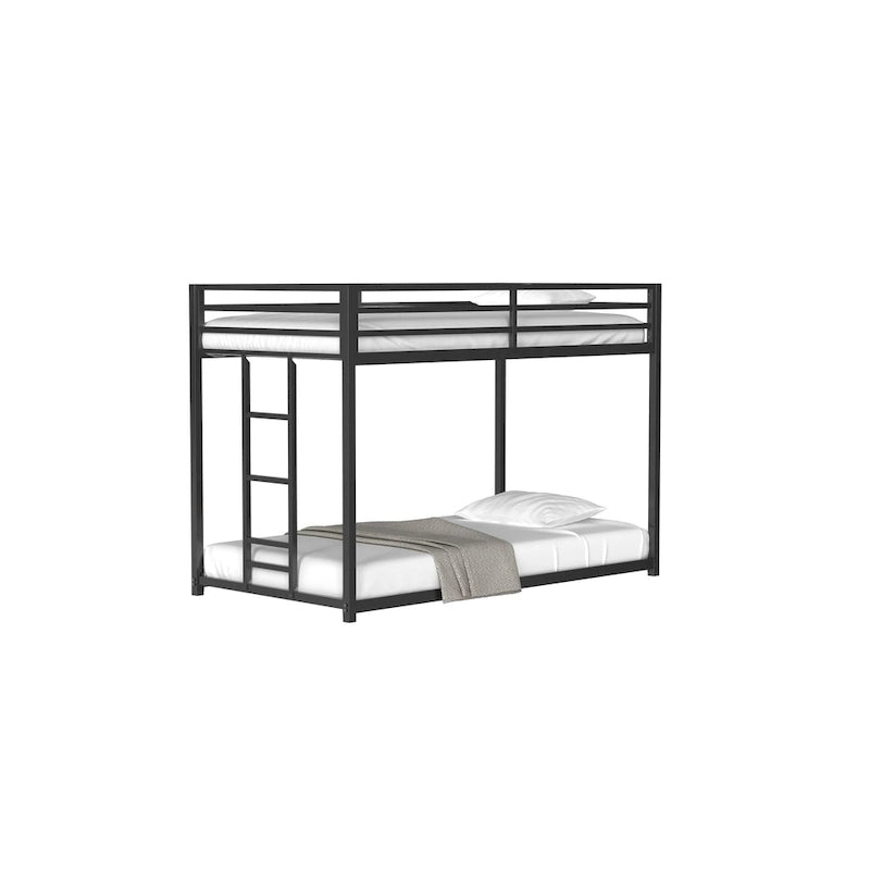 Lit superposé robuste en métal noir pour adulte, lit superposé bas avec échelle et barrières de sécurité