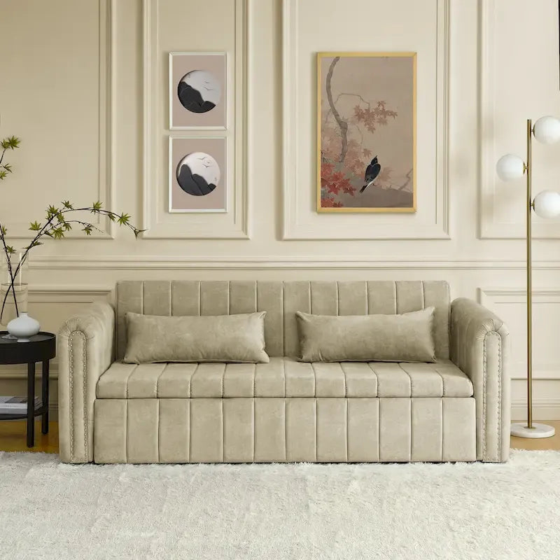 Canapé-lit gigogne 3 en 1 moderne, capitonné, avec accoudoirs arrondis et clous décoratifs en cuivre, futon convertible 3 places, noir