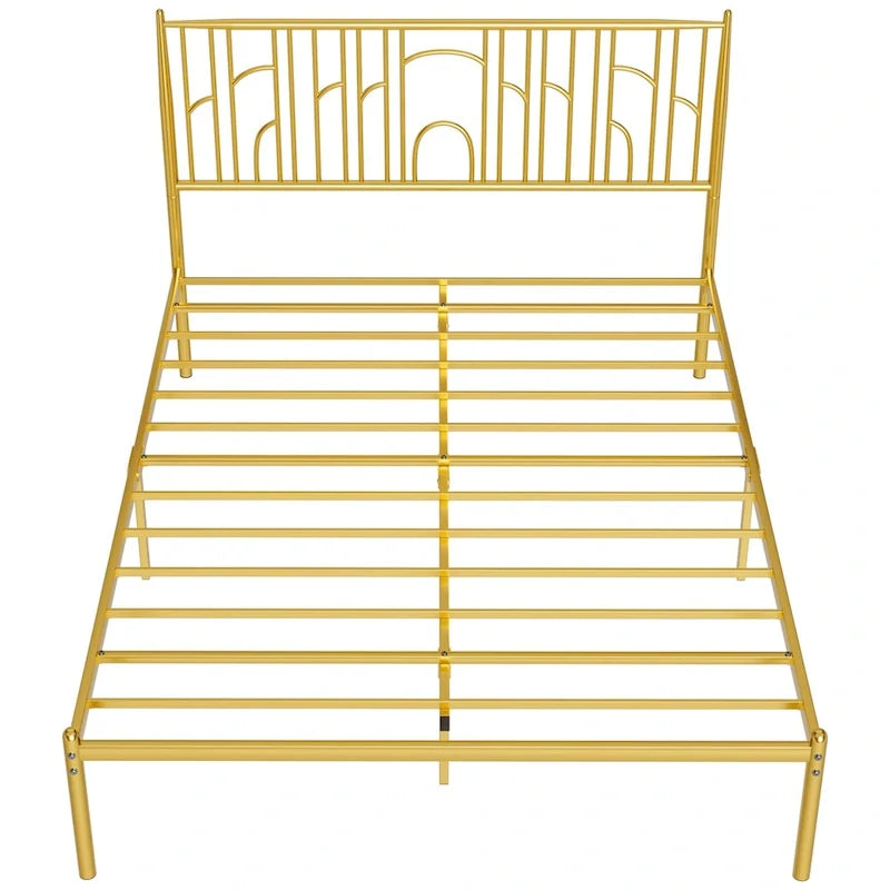 Cadre de lit plateforme Queen Size avec poteaux décoratifs, rangement sous le lit et sans sommier requis.