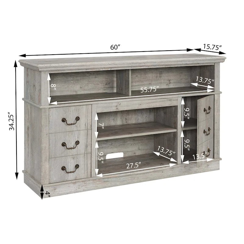Meuble TV traditionnel 60 pouces avec espaces de rangement ouverts et fermés pour téléviseurs jusqu'à 65 pouces