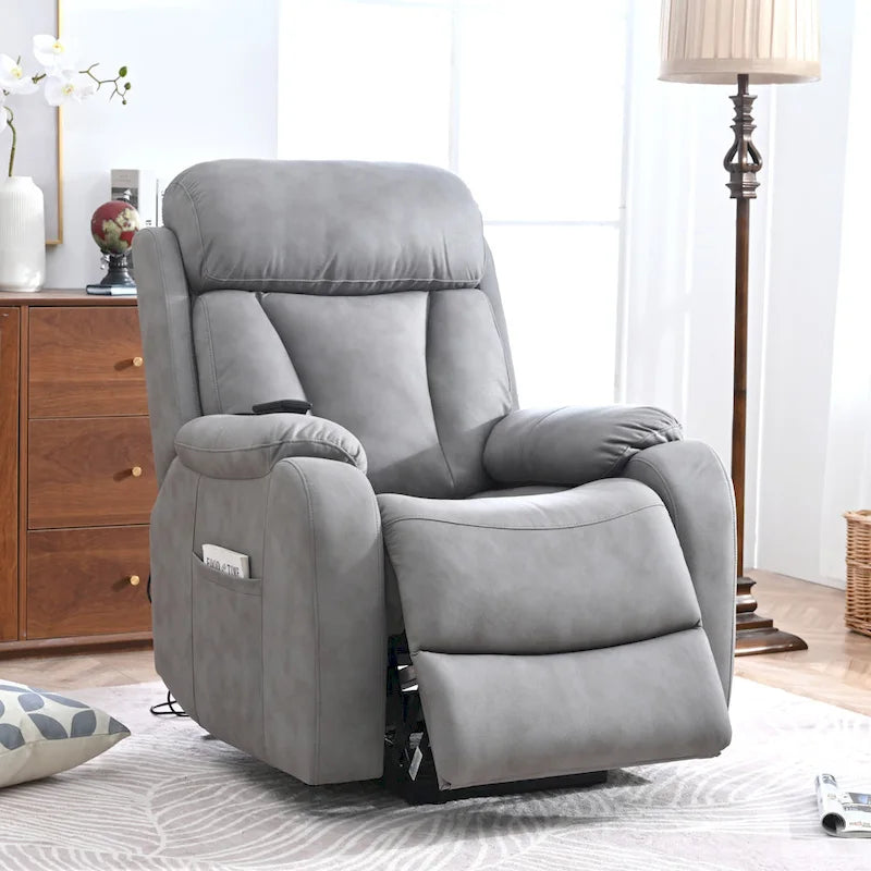 Fauteuil releveur électrique en tissu gris pour personnes âgées, avec télécommande, coussin rembourré, poche latérale et structure robuste.