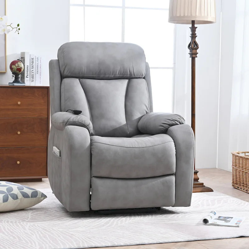 Fauteuil releveur électrique en tissu gris pour personnes âgées, avec télécommande, coussin rembourré, poche latérale et structure robuste.