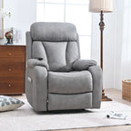 Fauteuil releveur électrique en tissu gris pour personnes âgées, avec télécommande, coussin rembourré, poche latérale et structure robuste.