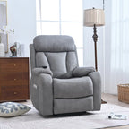 Fauteuil releveur électrique en tissu gris pour personnes âgées, avec télécommande, coussin rembourré, poche latérale et structure robuste.