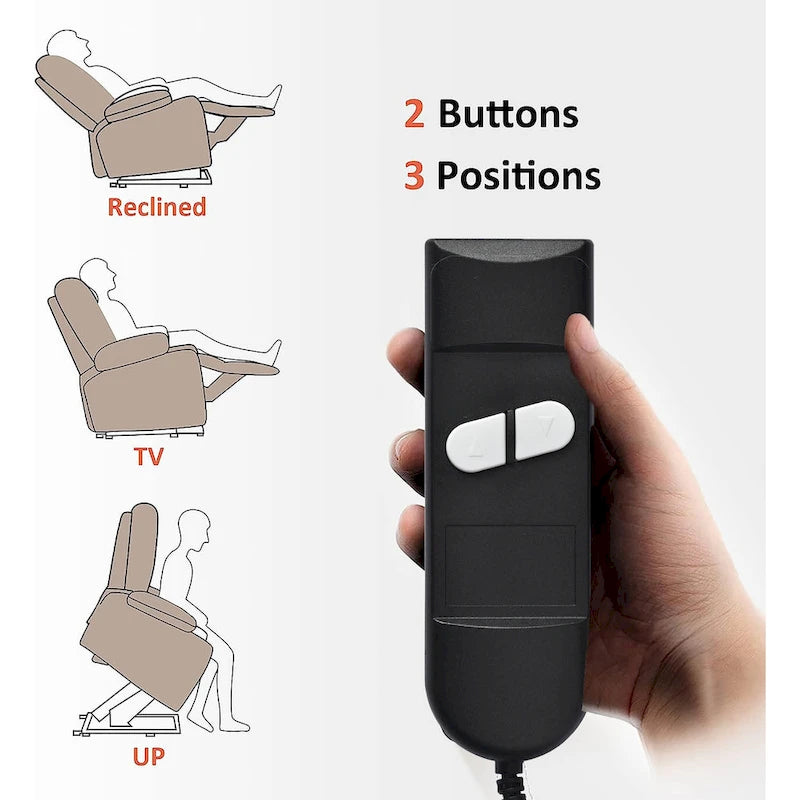 Fauteuil releveur électrique en tissu gris pour personnes âgées, avec télécommande, coussin rembourré, poche latérale et structure robuste.