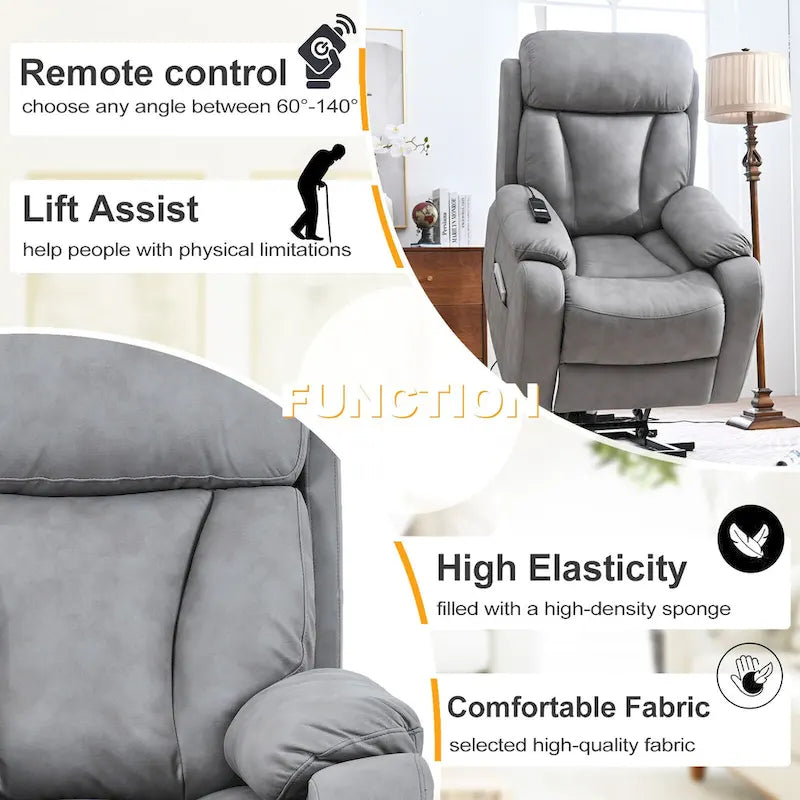 Fauteuil releveur électrique en tissu gris pour personnes âgées, avec télécommande, coussin rembourré, poche latérale et structure robuste.