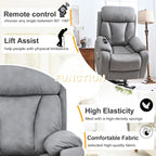 Fauteuil releveur électrique en tissu gris pour personnes âgées, avec télécommande, coussin rembourré, poche latérale et structure robuste.