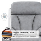 Fauteuil releveur électrique en tissu gris pour personnes âgées, avec télécommande, coussin rembourré, poche latérale et structure robuste.