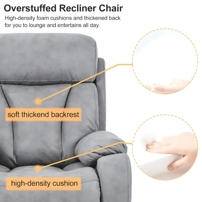 Fauteuil releveur électrique en tissu gris pour personnes âgées, avec télécommande, coussin rembourré, poche latérale et structure robuste.