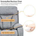 Fauteuil releveur électrique en tissu gris pour personnes âgées, avec télécommande, coussin rembourré, poche latérale et structure robuste.