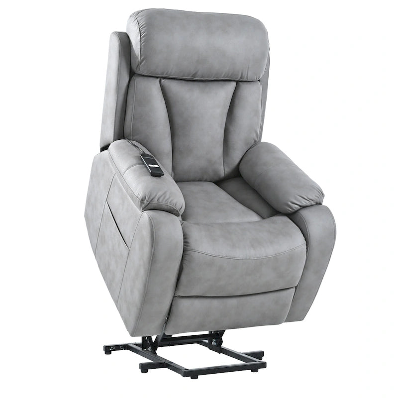 Fauteuil releveur électrique en tissu gris pour personnes âgées, avec télécommande, coussin rembourré, poche latérale et structure robuste.
