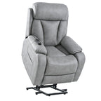 Fauteuil releveur électrique en tissu gris pour personnes âgées, avec télécommande, coussin rembourré, poche latérale et structure robuste.