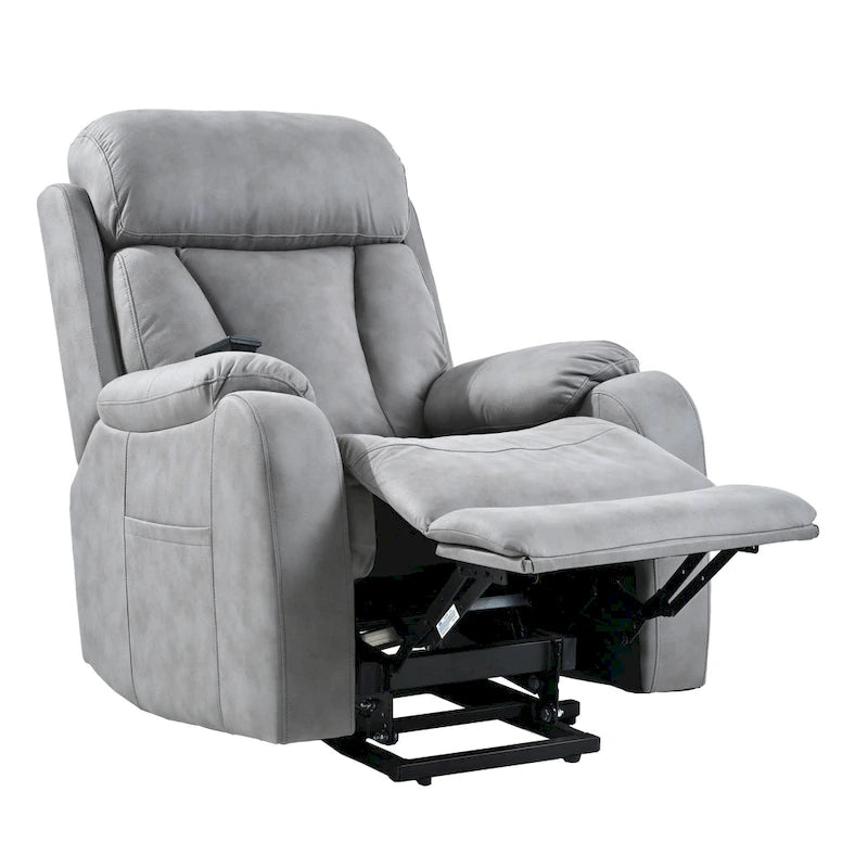 Fauteuil releveur électrique en tissu gris pour personnes âgées, avec télécommande, coussin rembourré, poche latérale et structure robuste.