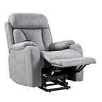 Fauteuil releveur électrique en tissu gris pour personnes âgées, avec télécommande, coussin rembourré, poche latérale et structure robuste.