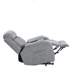 Fauteuil releveur électrique en tissu gris pour personnes âgées, avec télécommande, coussin rembourré, poche latérale et structure robuste.