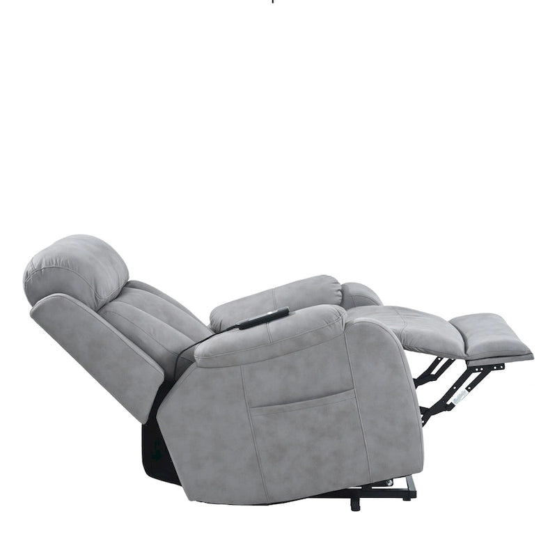 Fauteuil releveur électrique en tissu gris pour personnes âgées, avec télécommande, coussin rembourré, poche latérale et structure robuste.
