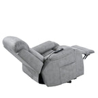 Fauteuil releveur électrique en tissu gris pour personnes âgées, avec télécommande, coussin rembourré, poche latérale et structure robuste.