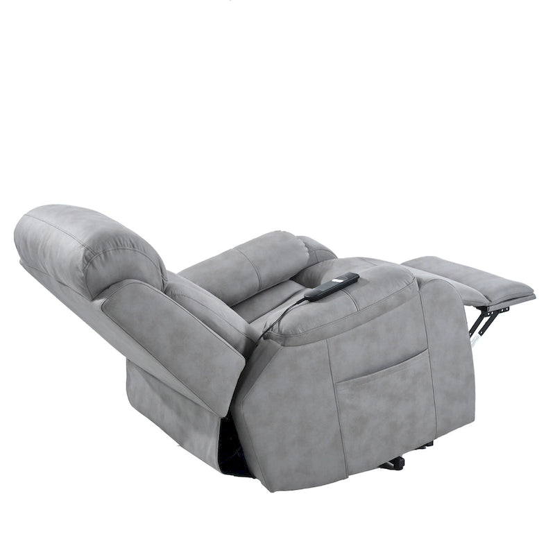 Fauteuil releveur électrique en tissu gris pour personnes âgées, avec télécommande, coussin rembourré, poche latérale et structure robuste.