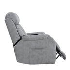 Fauteuil releveur électrique en tissu gris pour personnes âgées, avec télécommande, coussin rembourré, poche latérale et structure robuste.