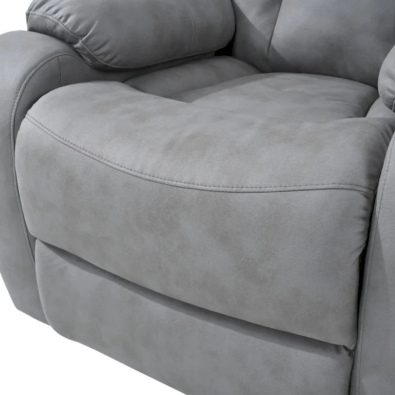 Fauteuil releveur électrique en tissu gris pour personnes âgées, avec télécommande, coussin rembourré, poche latérale et structure robuste.