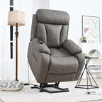 Fauteuil releveur électrique en tissu gris pour personnes âgées, avec télécommande, coussin rembourré, poche latérale et structure robuste.