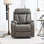 Fauteuil releveur électrique en tissu gris pour personnes âgées, avec télécommande, coussin rembourré, poche latérale et structure robuste.