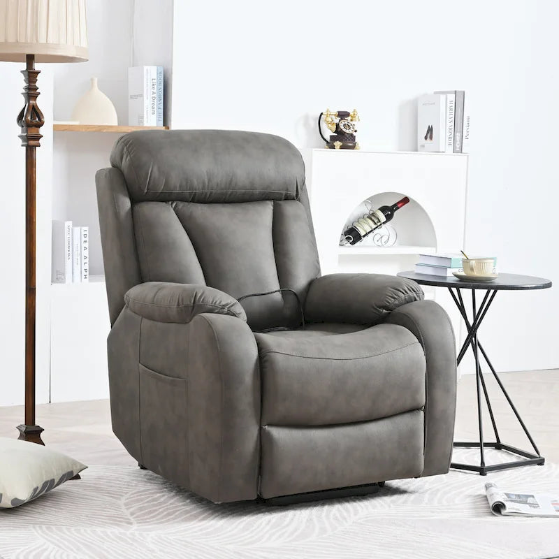 Fauteuil releveur électrique en tissu gris pour personnes âgées, avec télécommande, coussin rembourré, poche latérale et structure robuste.