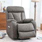 Fauteuil releveur électrique en tissu gris pour personnes âgées, avec télécommande, coussin rembourré, poche latérale et structure robuste.
