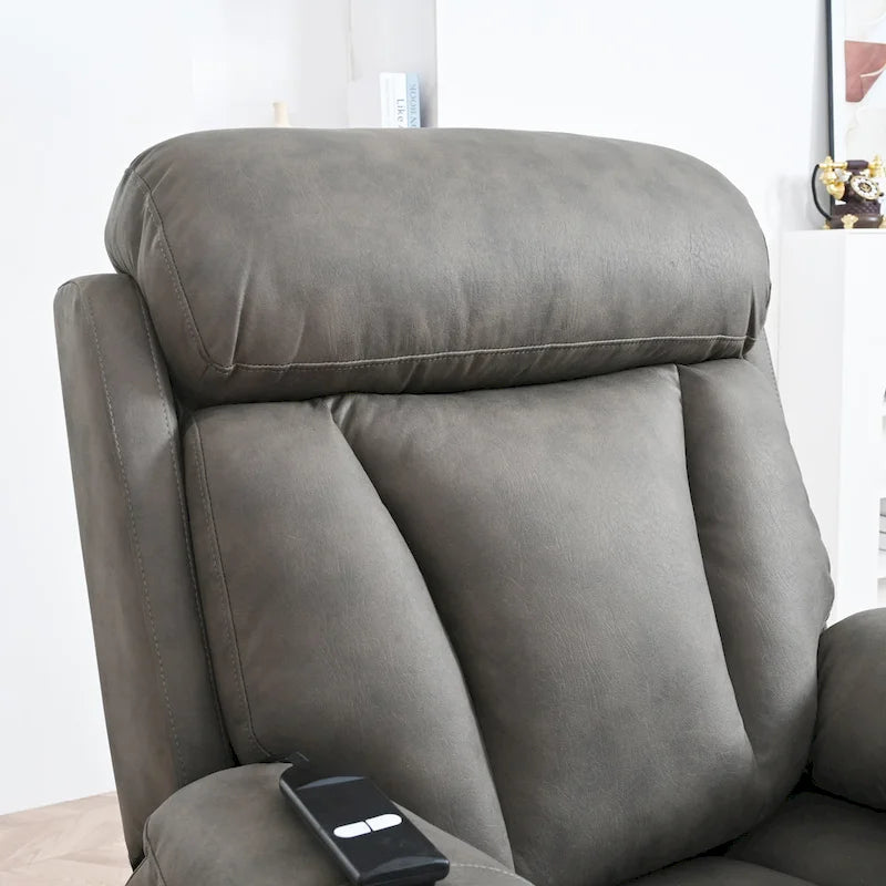 Fauteuil releveur électrique en tissu gris pour personnes âgées, avec télécommande, coussin rembourré, poche latérale et structure robuste.