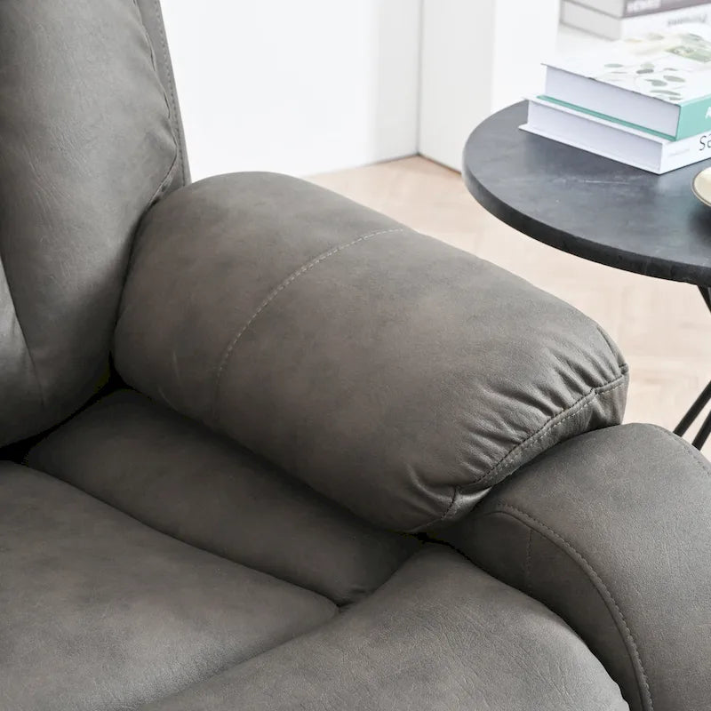 Fauteuil releveur électrique en tissu gris pour personnes âgées, avec télécommande, coussin rembourré, poche latérale et structure robuste.