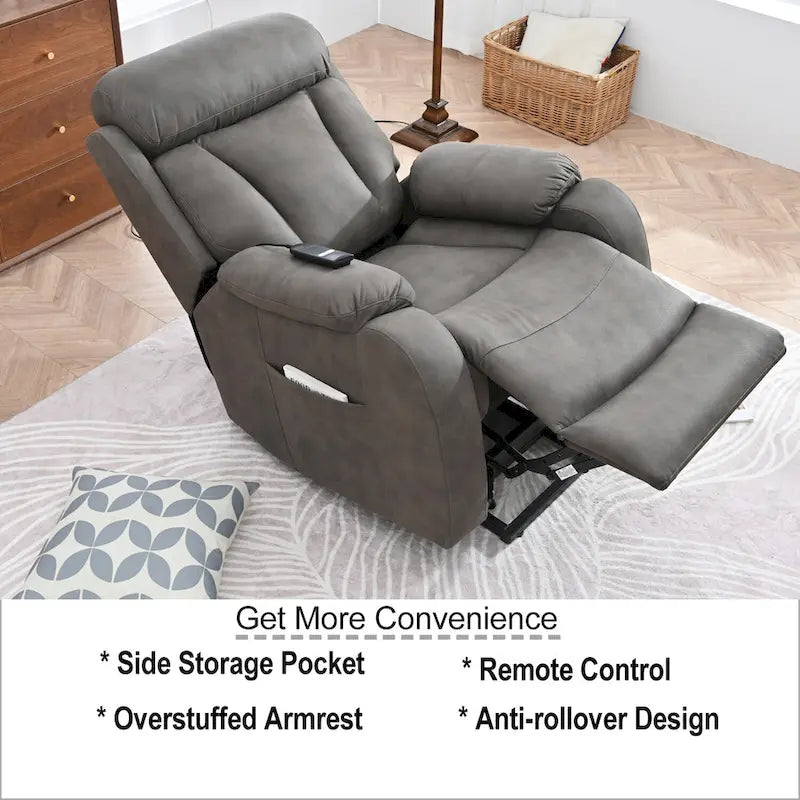 Fauteuil releveur électrique en tissu gris pour personnes âgées, avec télécommande, coussin rembourré, poche latérale et structure robuste.