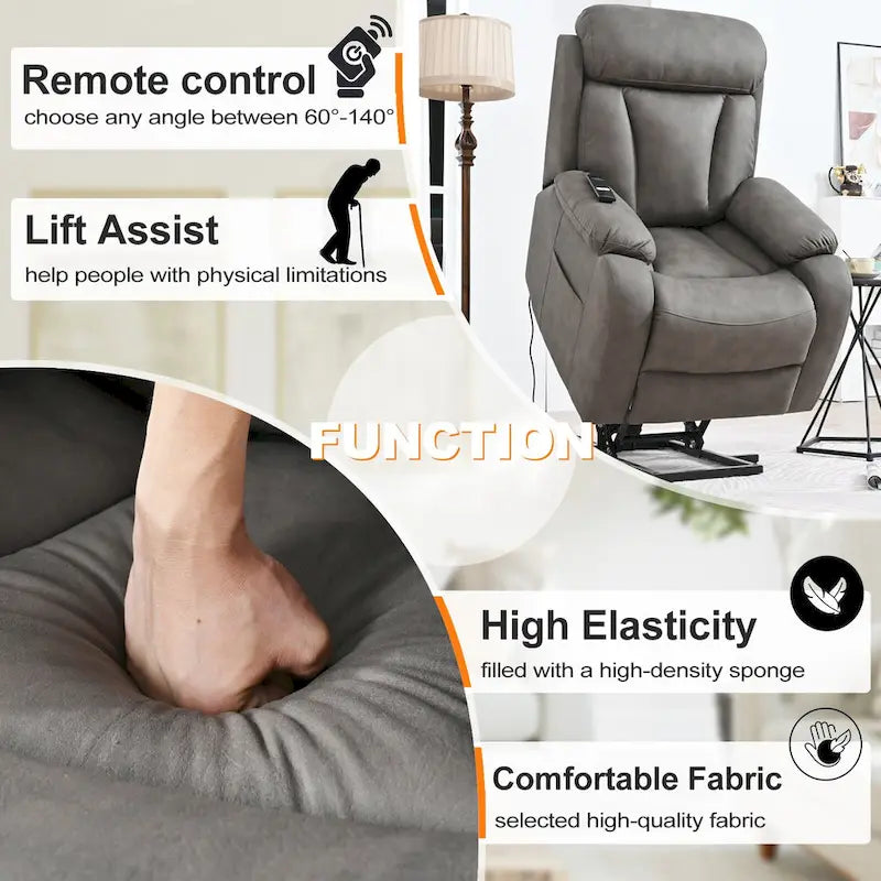 Fauteuil releveur électrique en tissu gris pour personnes âgées, avec télécommande, coussin rembourré, poche latérale et structure robuste.