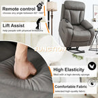 Fauteuil releveur électrique en tissu gris pour personnes âgées, avec télécommande, coussin rembourré, poche latérale et structure robuste.