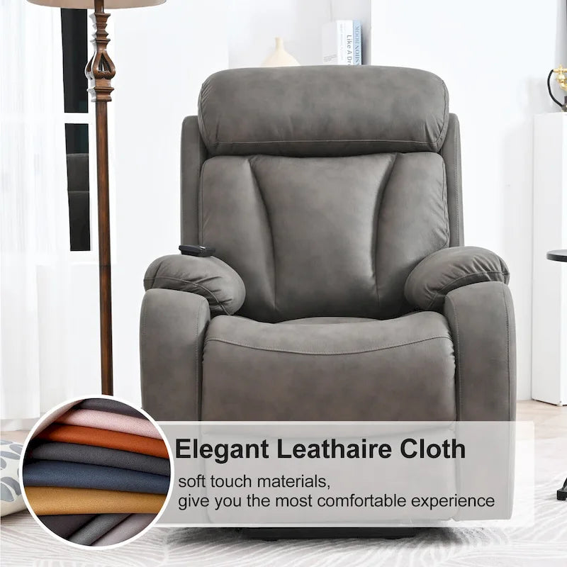 Fauteuil releveur électrique en tissu gris pour personnes âgées, avec télécommande, coussin rembourré, poche latérale et structure robuste.