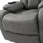 Fauteuil releveur électrique en tissu gris pour personnes âgées, avec télécommande, coussin rembourré, poche latérale et structure robuste.