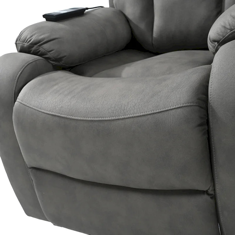 Fauteuil releveur électrique en tissu gris pour personnes âgées, avec télécommande, coussin rembourré, poche latérale et structure robuste.