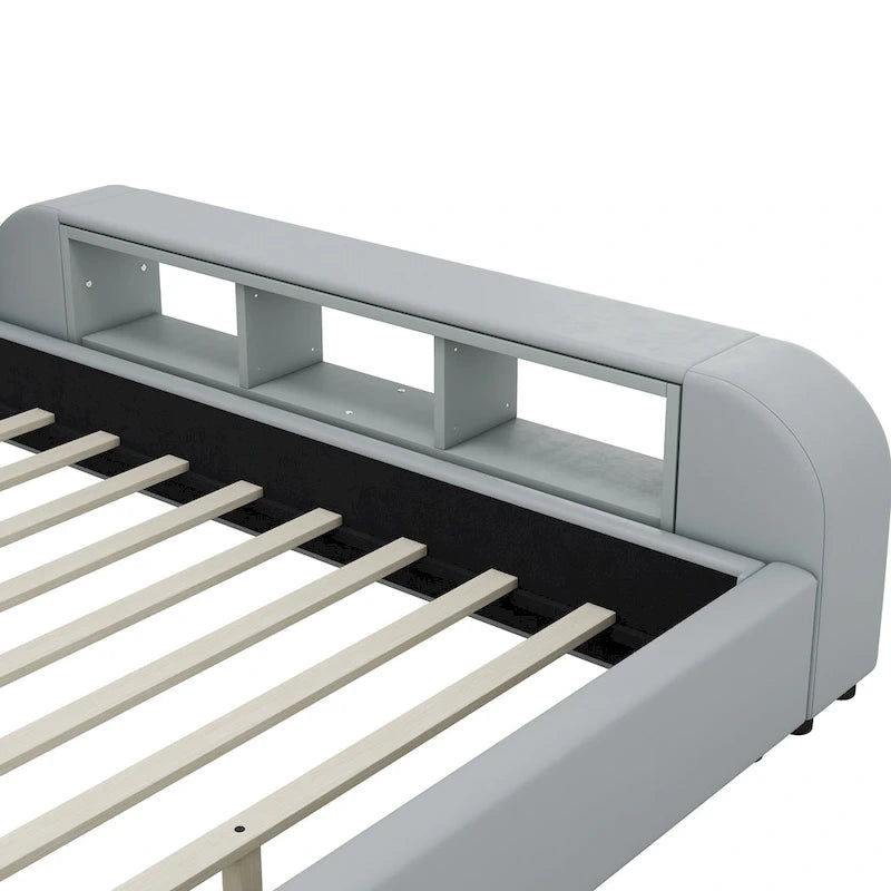 Cadre de lit plateforme en cuir PU Queen Size avec table de chevet multimédia