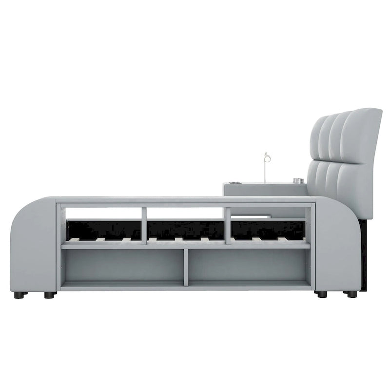 Cadre de lit plateforme en cuir PU Queen Size avec table de chevet multimédia