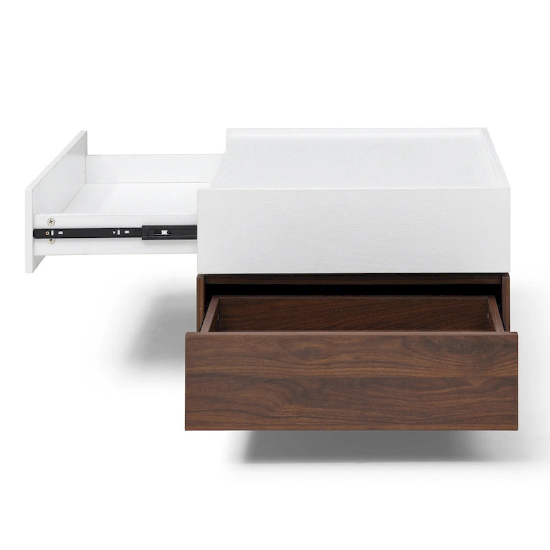 Table basse pivotante moderne avec deux compartiments de rangement dissimulés et deux tiroirs