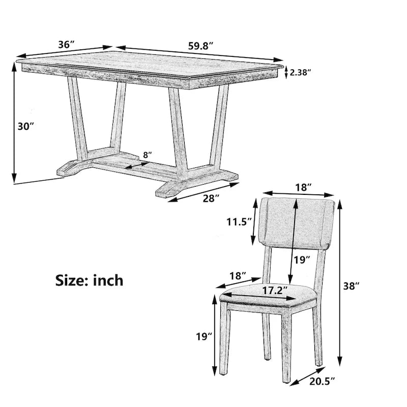 Ensemble de salle à manger en bois 5 pièces comprenant une table rectangulaire de 59 pouces et 4 chaises