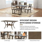 Ensemble de salle à manger moderne 6 pièces avec table, chaises, coussins amovibles, étagère de rangement et banc.