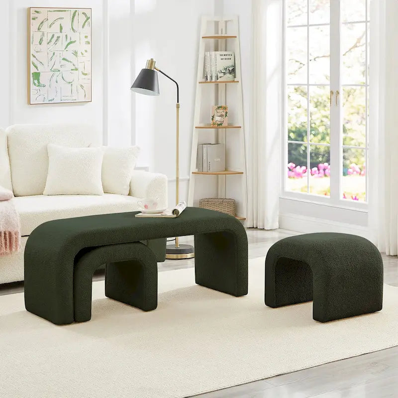 Set of 3 U-Shaped Modern Bench Teddy Ottoman Bench for Entryway, Bedroom End of Bed, Set of 3 Small Sofa Footrest